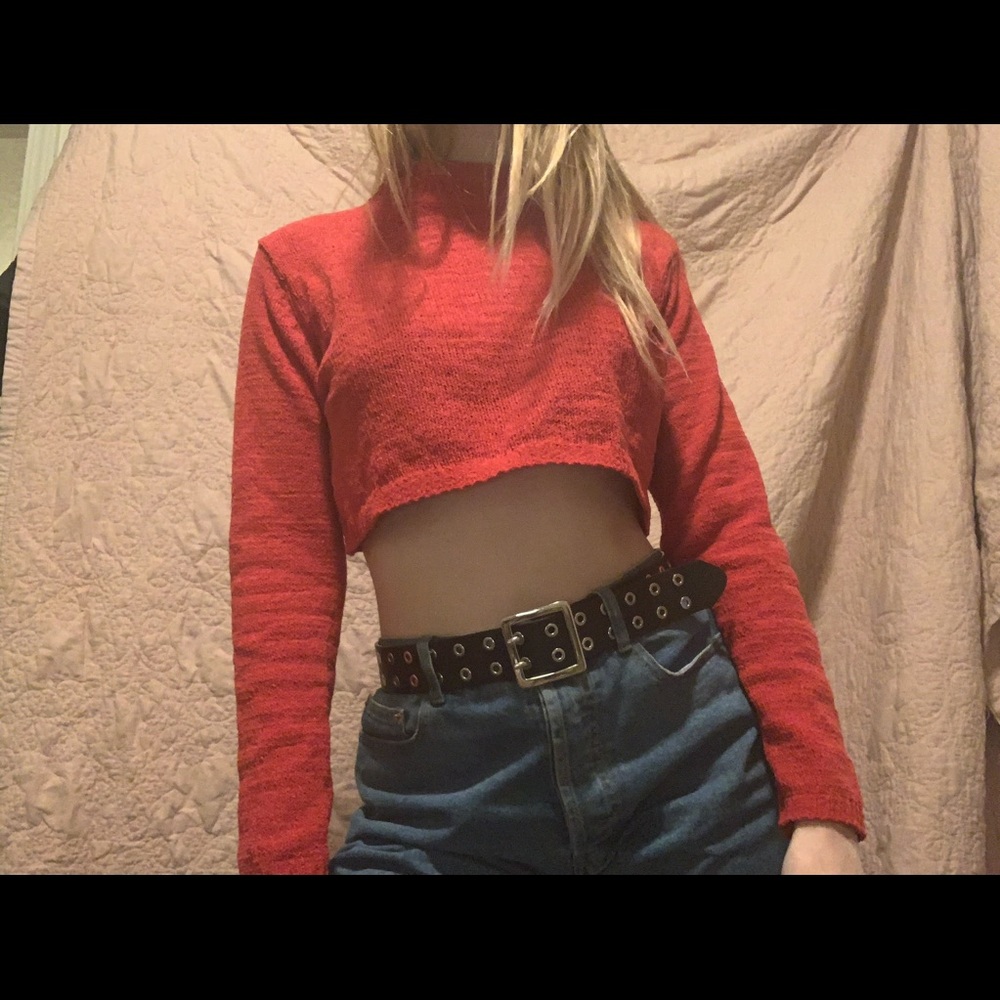 red mock neck sweater